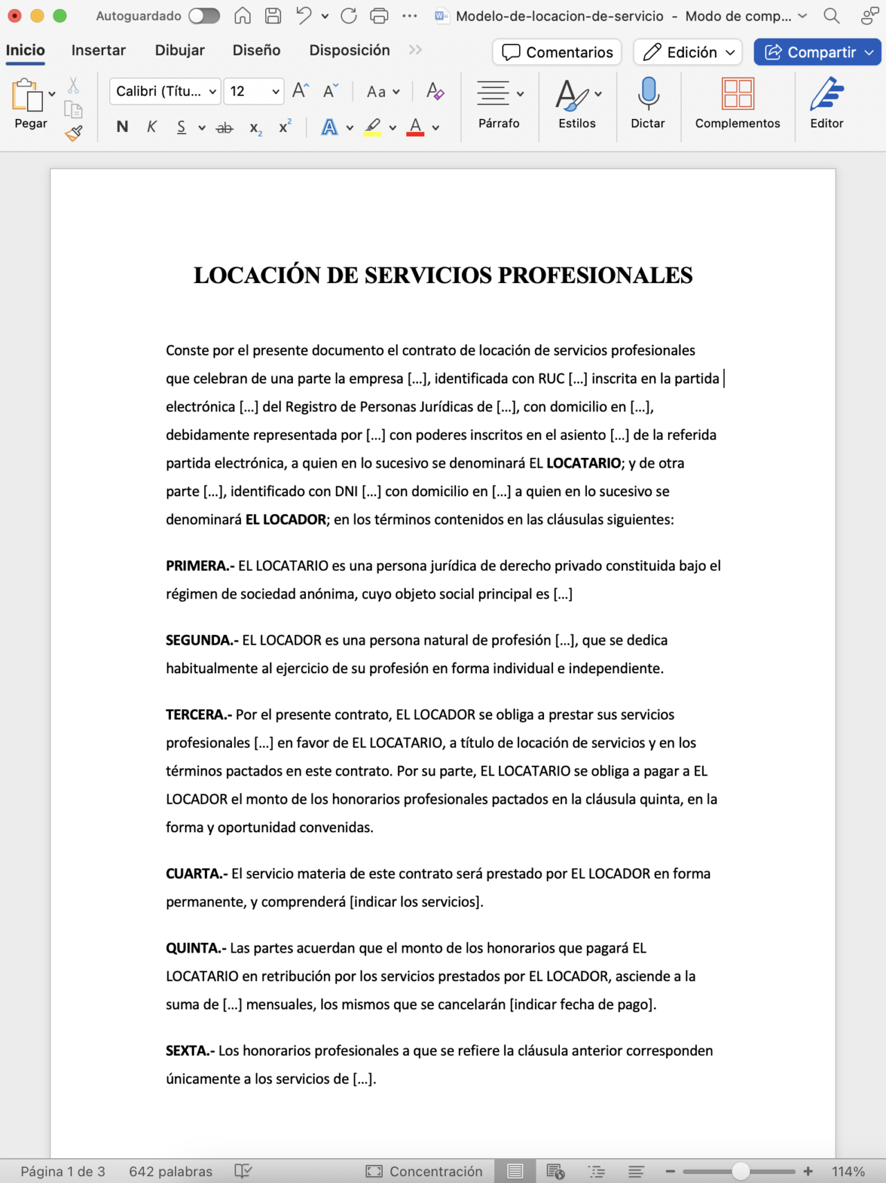 Modelo de contrato por locacion de servicios en word